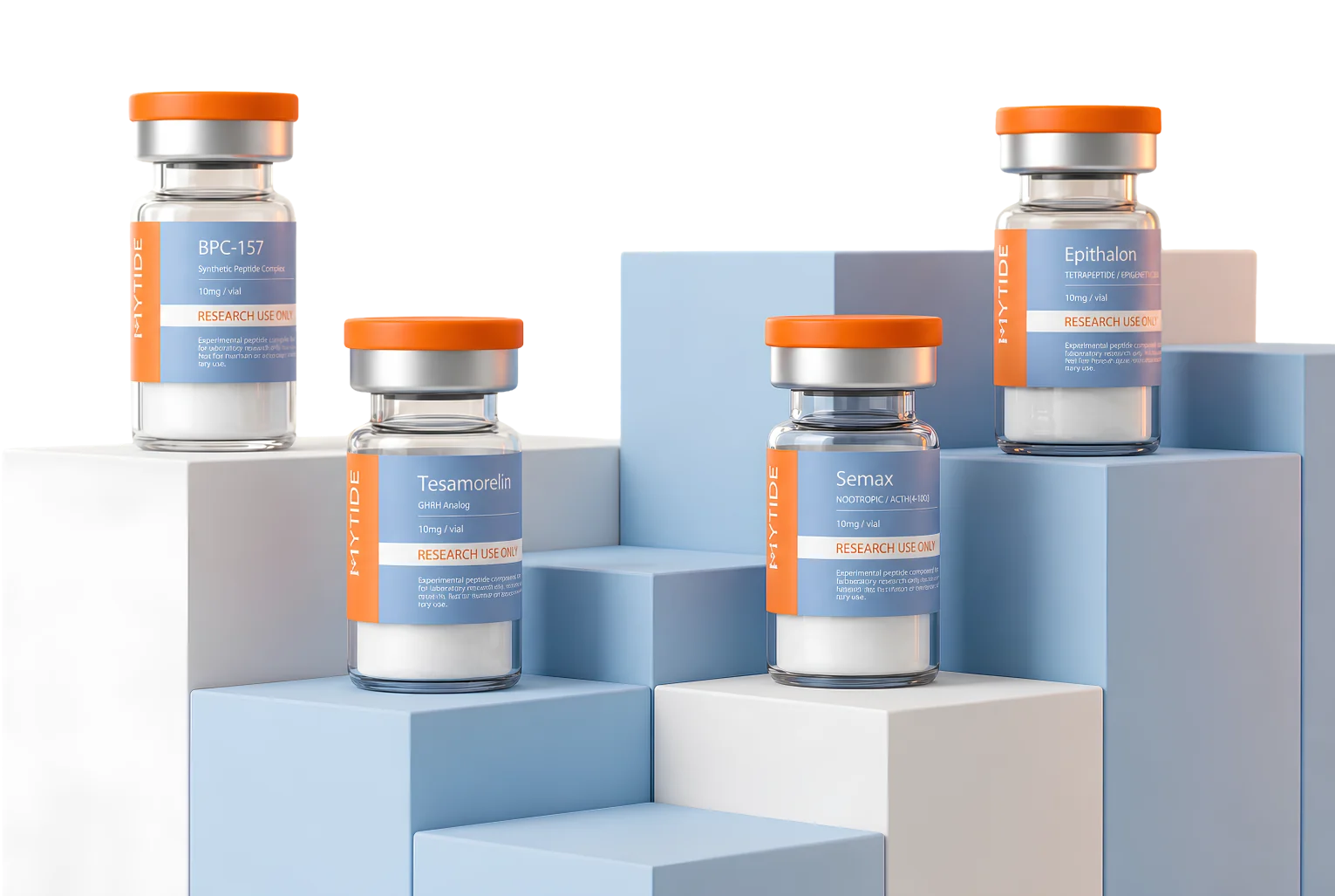 BPC-157, Tesamorelin, Semax, and Epithalon research vials displayed on blue and white platforms