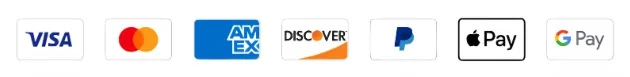 Visa, Mastercard, American Express, Discover, PayPal, Apple Pay, and Google Pay