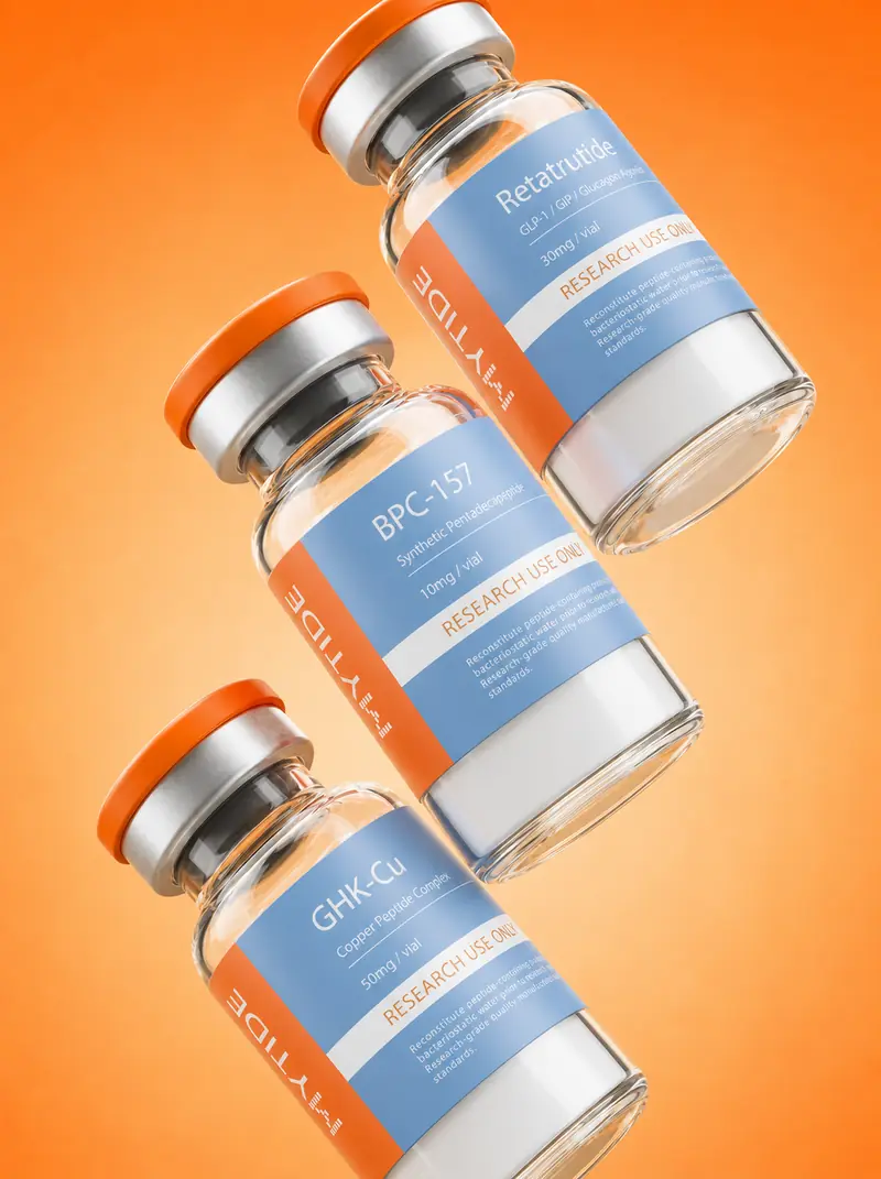 Mytide Lab Retatrutide, BPC-157, and GHK-Cu research vials floating on a light orange background